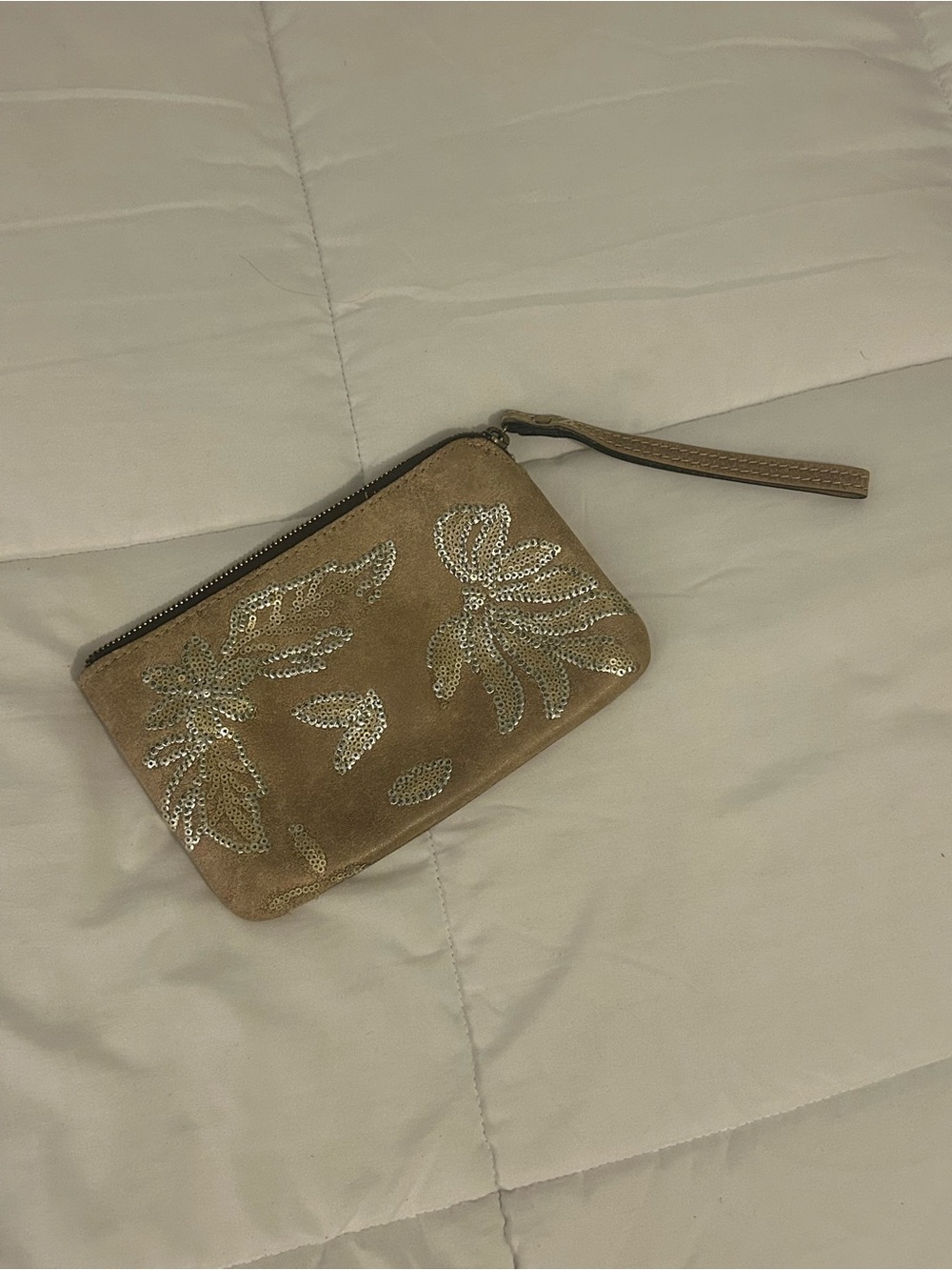 Patricia Nash Suede Embellished Wristlet - Tan with Silver Sequin Floral Detail